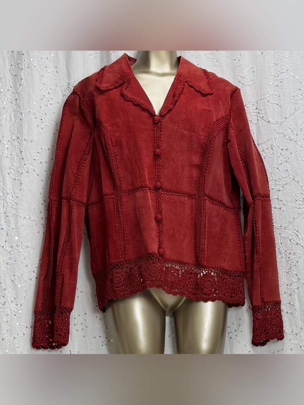 Vintage 90s Bagatelle Red Suede Leather Crochet Jacket Boho L